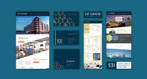 Collage of website, logo, branding document, and business cards ZIV created for 531 Grand