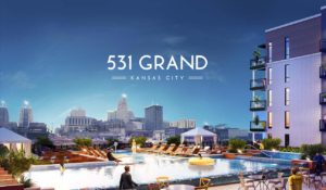 A skyline of Kansas City featuring the logo for 531 grand designed by ZIV
