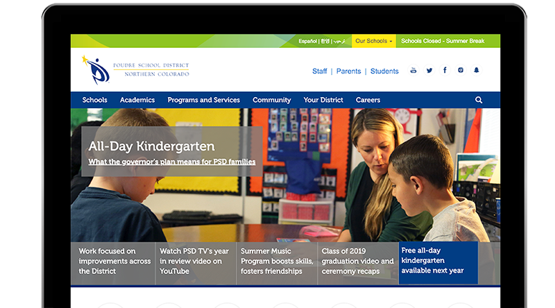 Computer screen depicting the Poudre School District new website