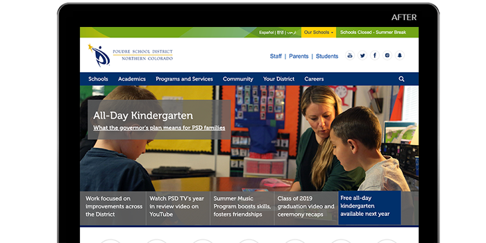 Computer screen depicting the "after" of Poudre School District website