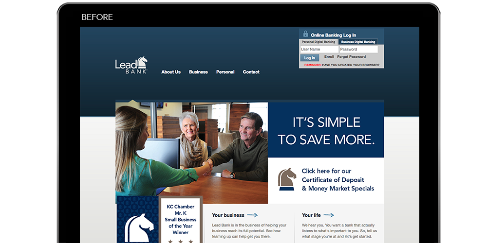 Computer screen showing the "before" version of Lead Bank's website