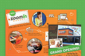 Zoomin Collage of marketing work done by ZIV including social media marketing posts and direct mail marketing